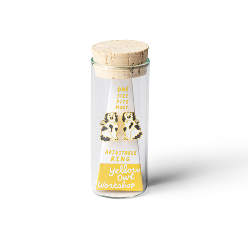 Staffordshire dogs gold adjustable enamel ring in glass vial cork packaging by Yellow Owl Workshop