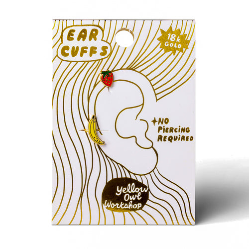 Strawberry and Banana no-piercing gold ear cuffs on gold foil matchbook card by Yellow Owl Workshop