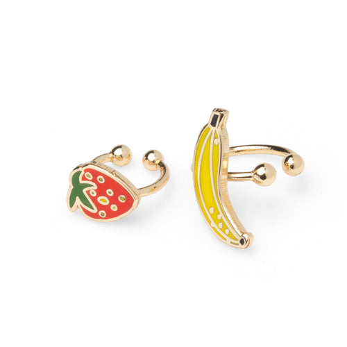 Mismatched gold strawberry and banana no-piercing ear cuffs with red and yellow enamel by Yellow Owl Workshop