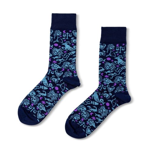 Pair of dark blue socks with colorful patterns on a white background