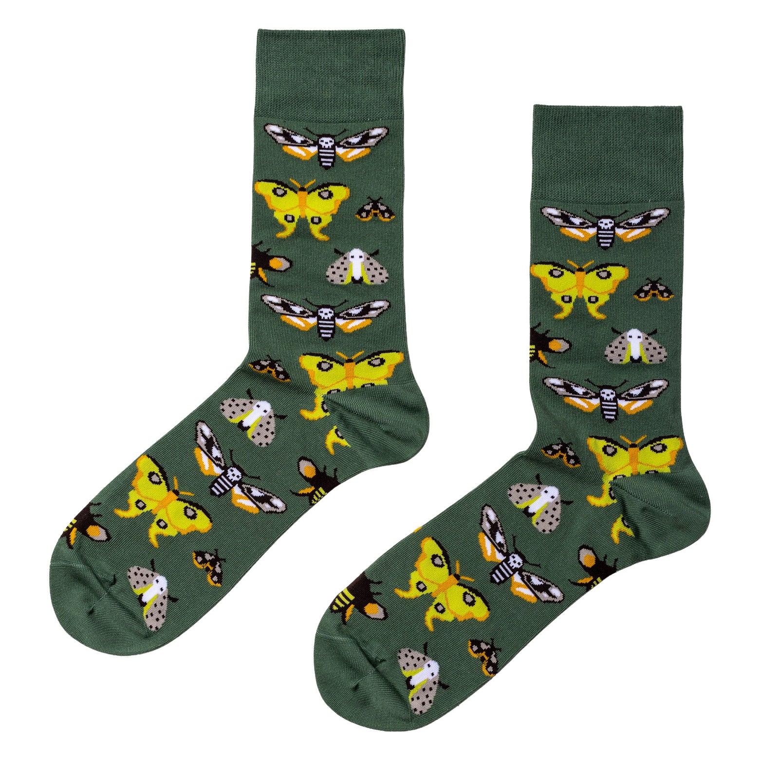 Green crew socks featuring illustrated moth varieties in yellow orange and grey by Yellow Owl Workshop