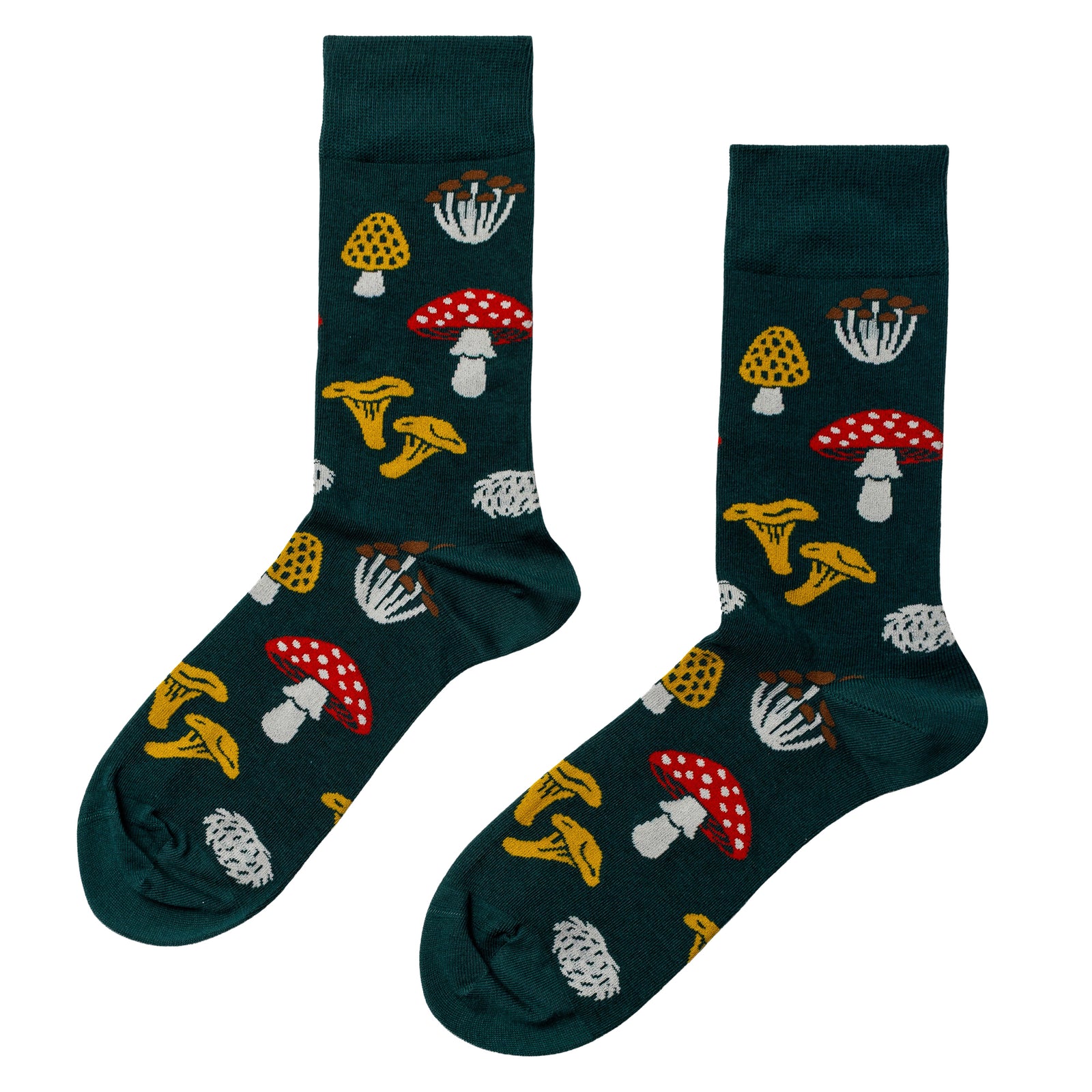 Dark green crew socks featuring illustrated forest mushrooms including amanita chanterelle and hen of the woods by Yellow Owl Workshop
