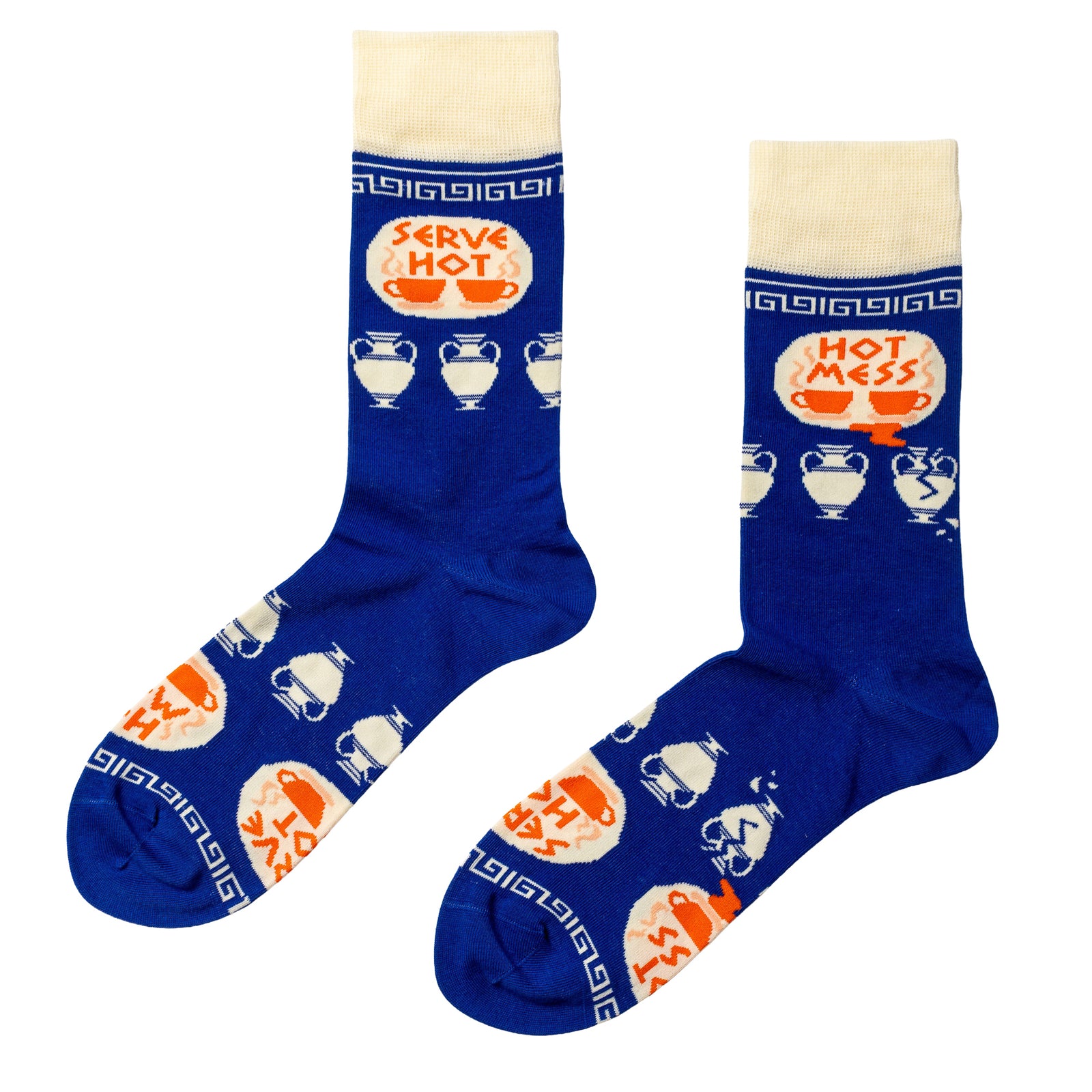 Blue crew socks featuring Serve Hot and Hot Mess diner plate illustrations with Greek key border and coffee cups by Yellow Owl Workshop
