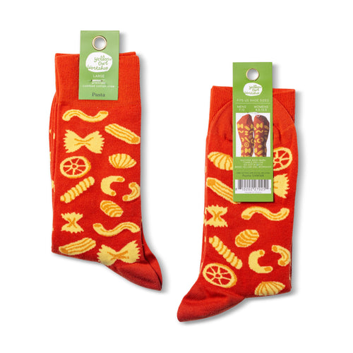 Red socks with pasta pattern on a white background