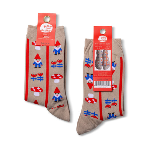 Two pairs of socks with gnome and mushroom pattern on a white background