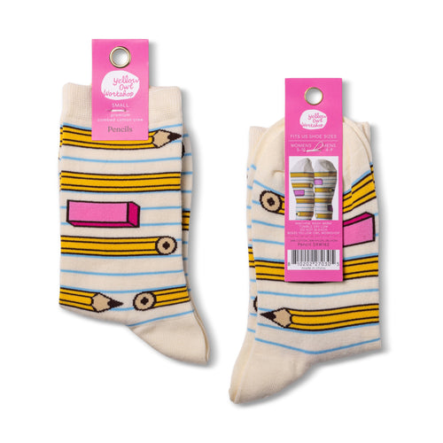 Pair of socks with pencil design on a white background