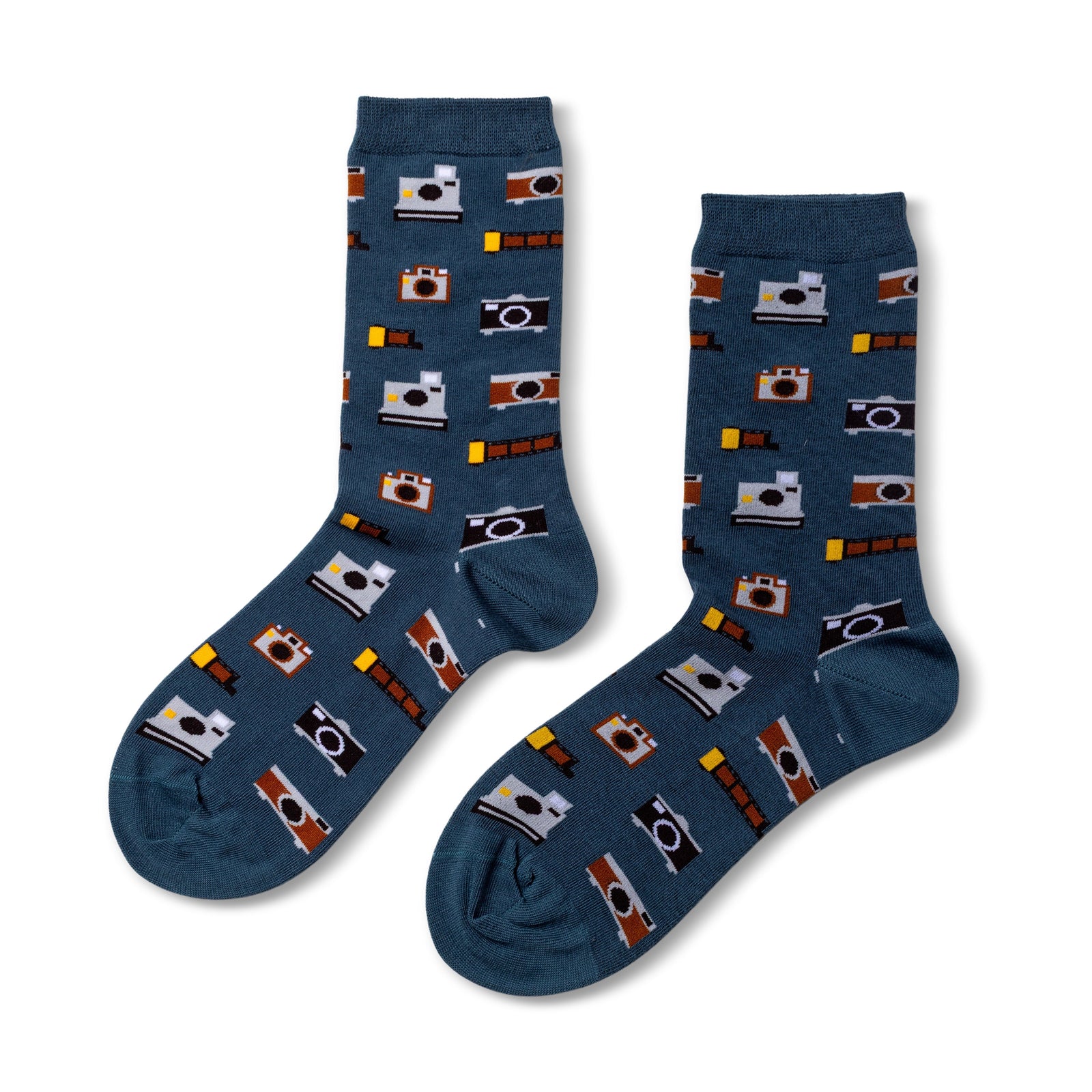Blue socks with camera pattern on a white background