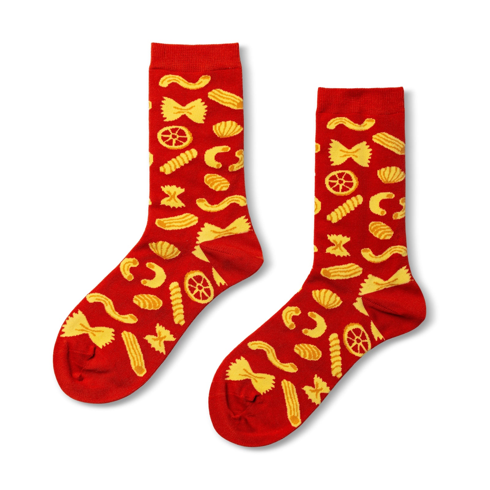 Red socks with yellow pasta pattern on a white background