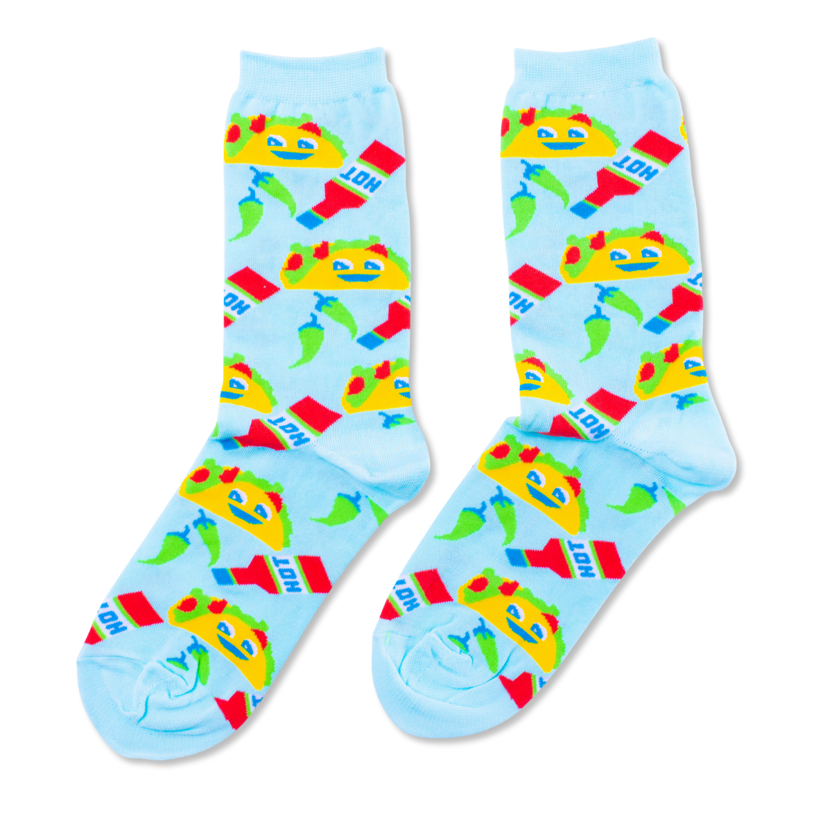 Light blue crew socks featuring illustrated smiling tacos hot sauce packets and green chilis by Yellow Owl Workshop