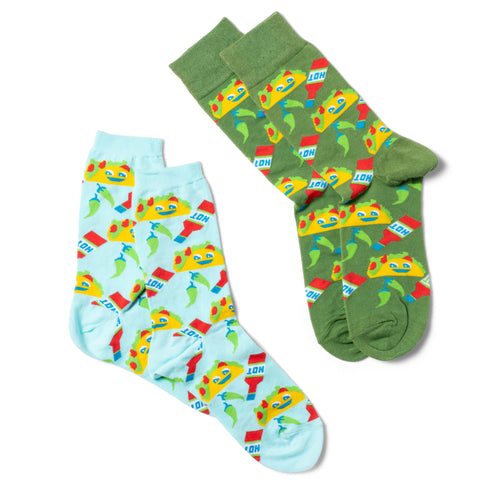 Taco crew socks small and large sizes laid out side by side by Yellow Owl Workshop