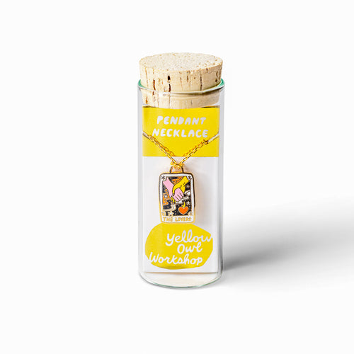 Tarot Lovers cloisonné enamel pendant necklace in glass vial packaging by Yellow Owl Workshop