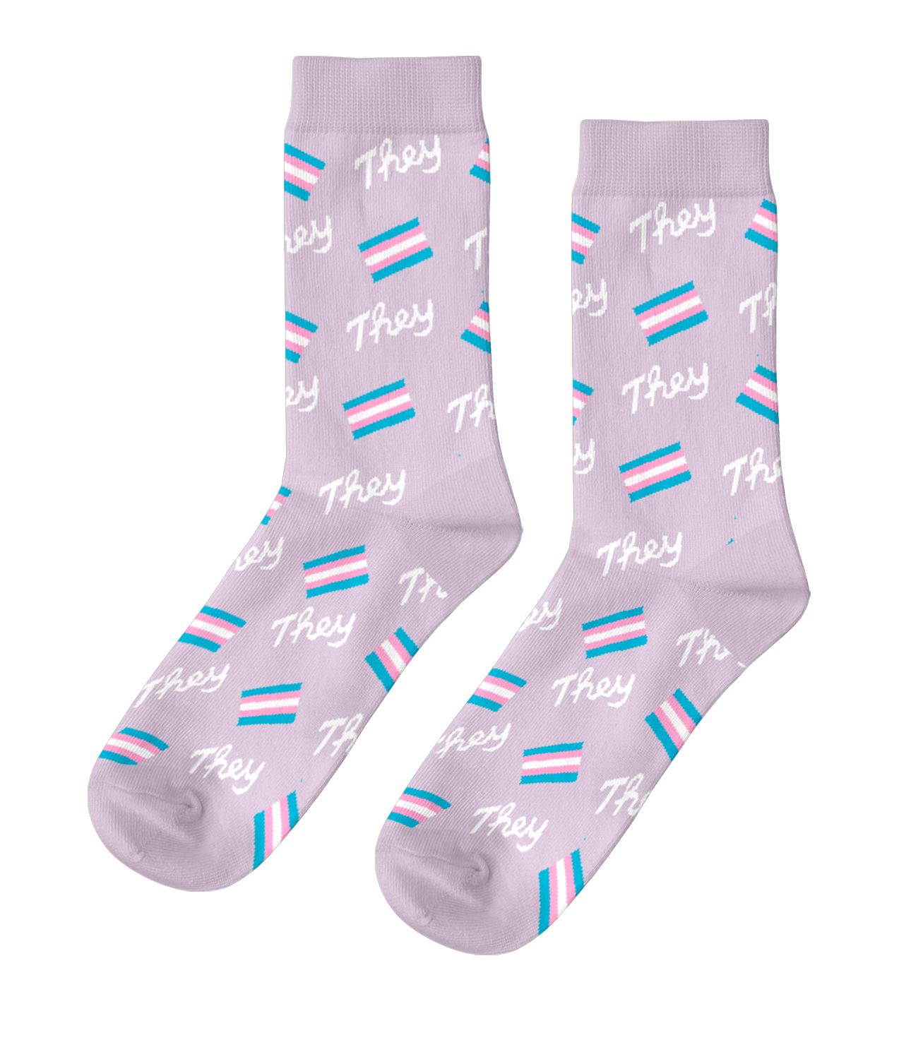 Lavender crew socks featuring They script and trans flag stripes in pink white and blue by Yellow Owl Workshop
