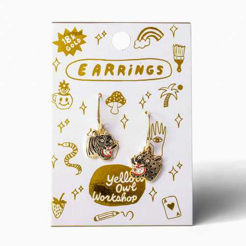 Tiger and Cheetah mismatched enamel drop earrings on gold foil matchbook card by Yellow Owl Workshop