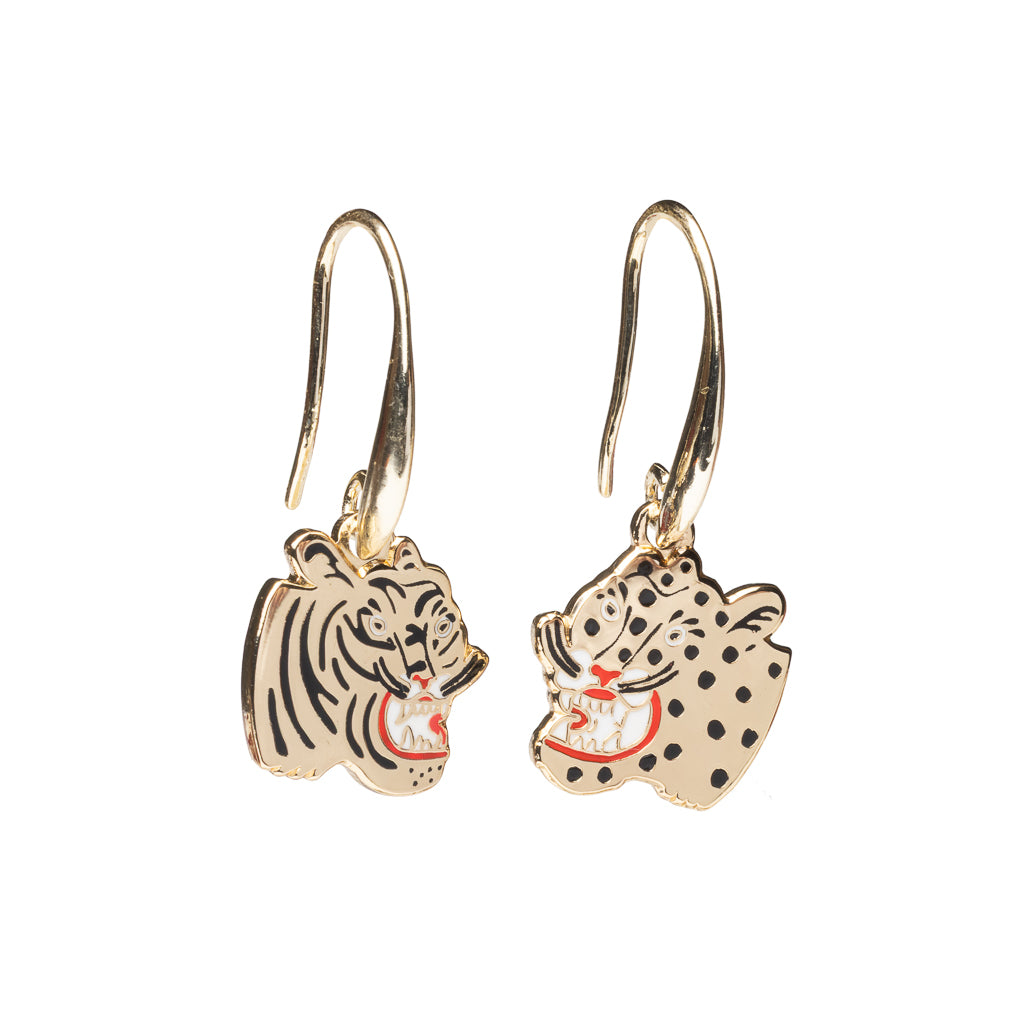Mismatched enamel drop earrings featuring roaring tiger and cheetah in traditional tattoo style by Kristina Micotti for Yellow Owl Workshop