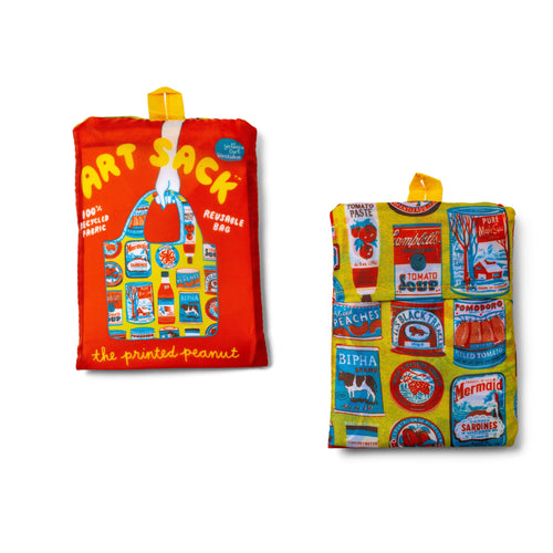 Tins Art Sack® folded front and back showing vintage food can illustration and red Art Sack® packaging by The Printed Peanut for Yellow Owl Workshop