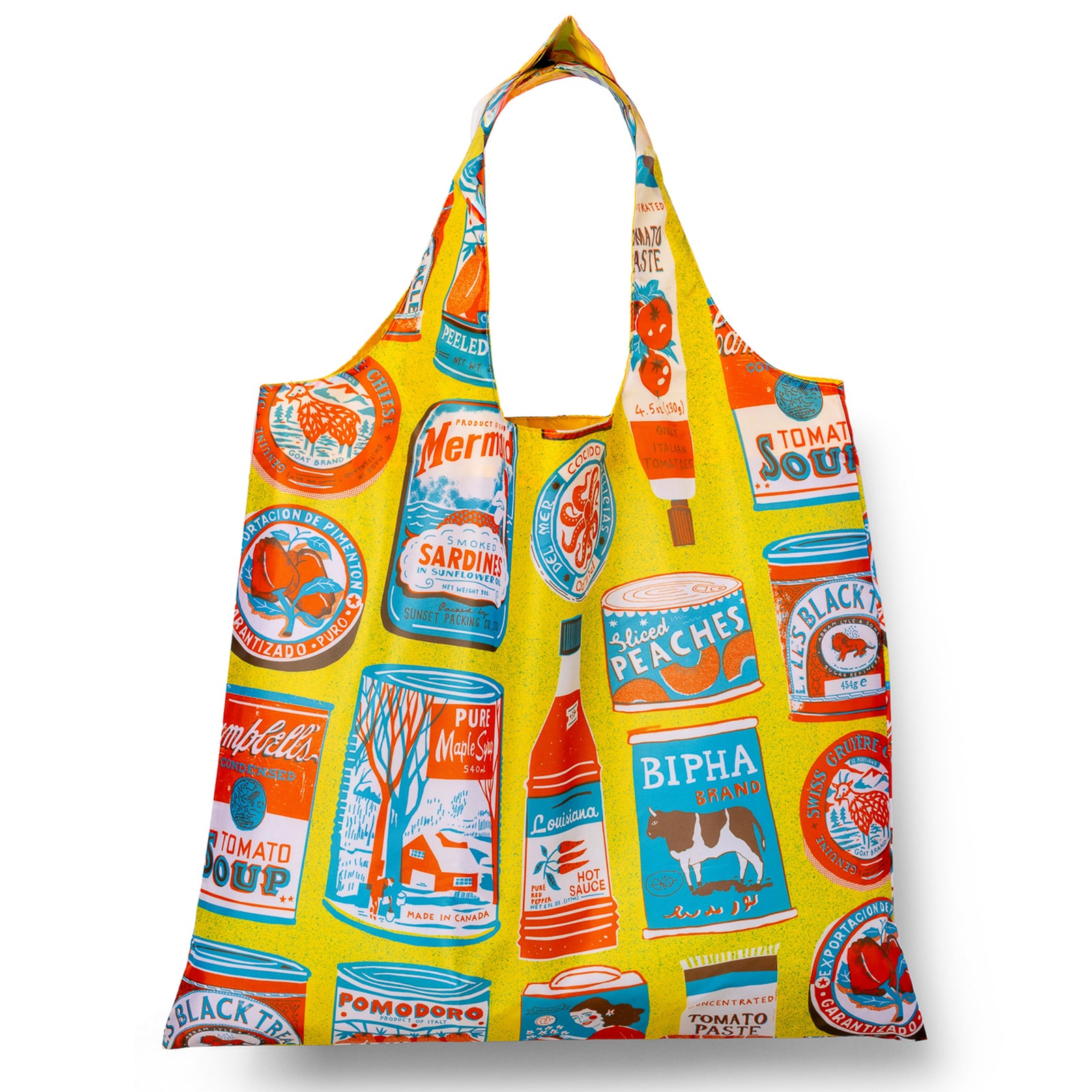 Yellow reusable tote bag with colorful vintage food can illustrations by The Printed Peanut for Yellow Owl Workshop