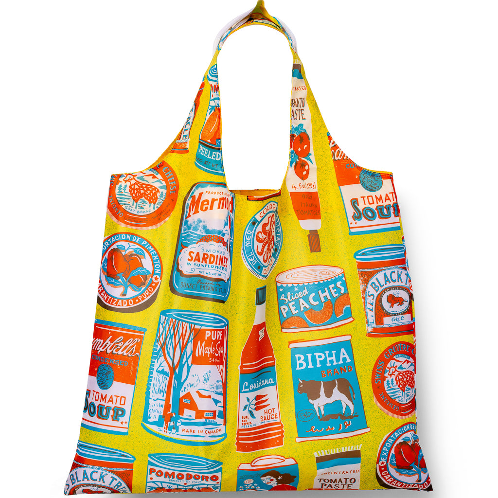 Yellow reusable tote bag with colorful vintage food can illustrations by The Printed Peanut for Yellow Owl Workshop