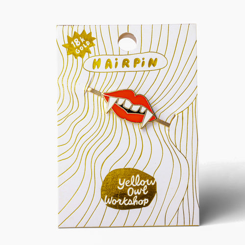 Vampire Lips gold cloisonné enamel hair pin in packaging by Yellow Owl Workshop