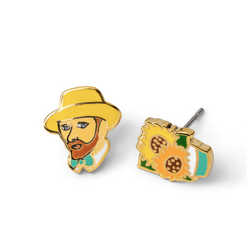 Mismatched cloisonné stud earrings inspired by Van Gogh featuring his portrait in yellow hat and sunflower vase gilded in 22 karat gold by Yellow Owl Workshop