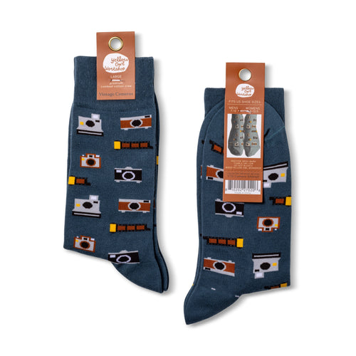 Vintage Camera crew socks packaging front and back by Yellow Owl Workshop