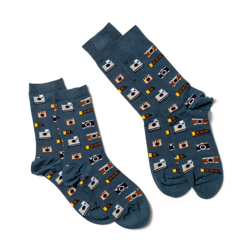 Vintage Camera crew socks small and large sizes laid out side by side by Yellow Owl Workshop