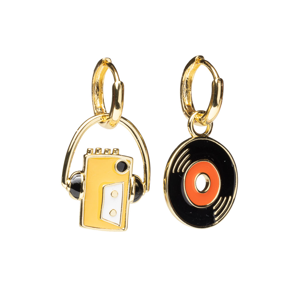 Gold hoop earrings featuring yellow Walkman with headphones and black vinyl record with orange label by Yellow Owl Workshop