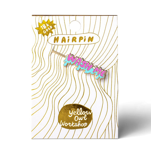Wash Me gold cloisonné enamel hair pin in packaging by Yellow Owl Workshop