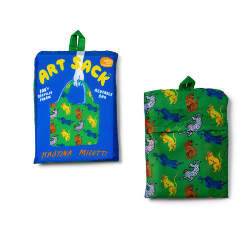 Wild Cats Art Sack® folded front and back showing colorful wildcat illustration and red Art Sack® packaging by Kristina Micotti for Yellow Owl Workshop