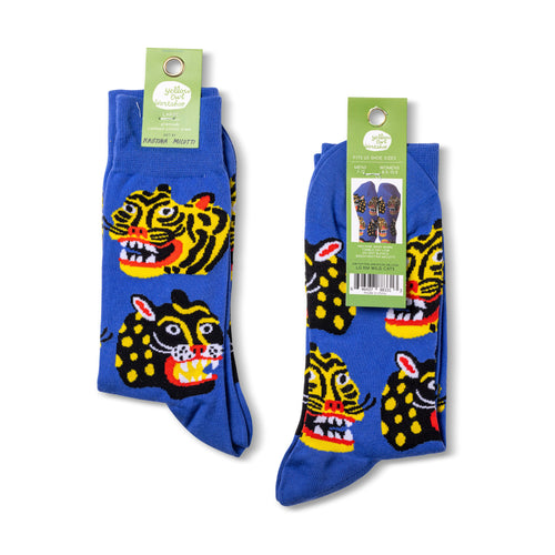 Wild Cats crew socks packaging front and back by Yellow Owl Workshop