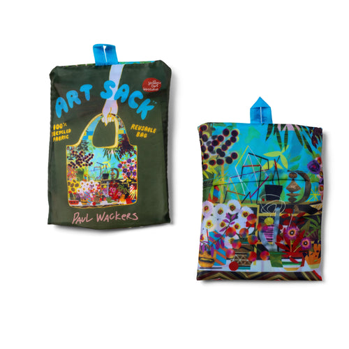Window Art Sack® folded front and back showing surreal illustrated collage print and red Art Sack® packaging by Paul Wackers for Yellow Owl Workshop