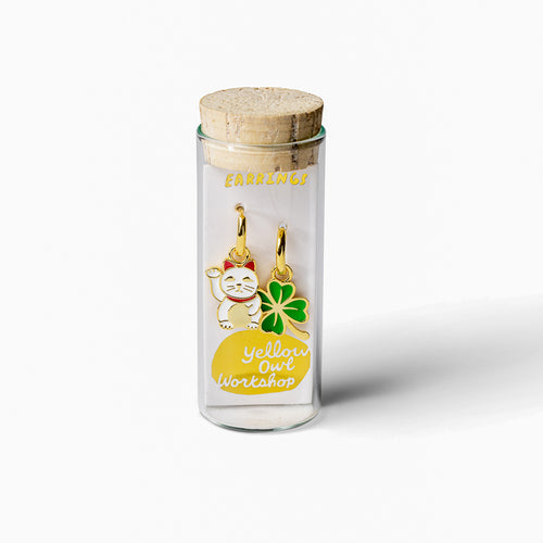 Lucky Cat & Clover Hoop Earrings