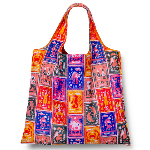 Illustrated reusable tote bag covered in colorful zodiac symbols for all twelve signs by Roisin O'Donnell for Yellow Owl Workshop