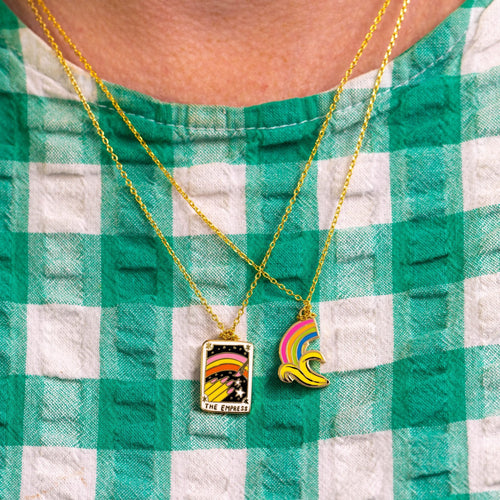 Banana rainbow cloisonné enamel pendant necklace worn by Yellow Owl Workshop