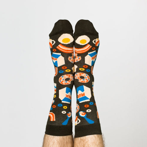 Dark Breakfast crew socks with illustrated breakfast food print worn on feet by Yellow Owl Workshop