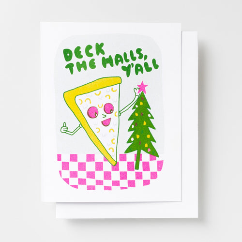 Deck the Halls Pizza - Risograph Card - Yellow Owl Workshop