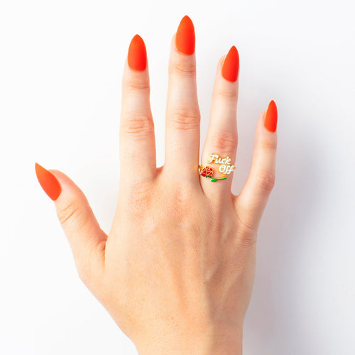 Fuck Off gold adjustable ring worn on hand by Yellow Owl Workshop