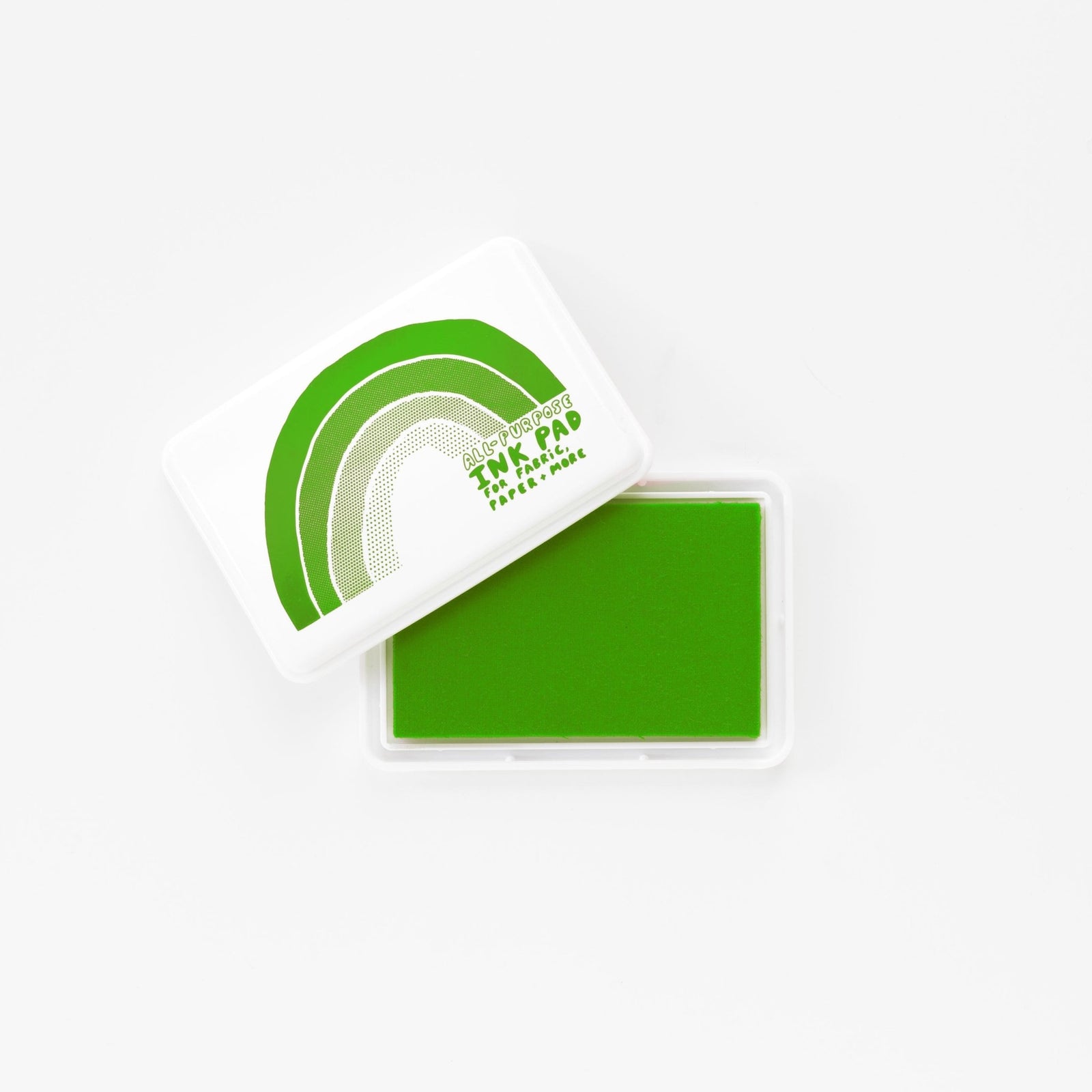 Green permanent waterproof all-purpose ink pad open showing green ink pad and white rainbow lid by Yellow Owl Workshop