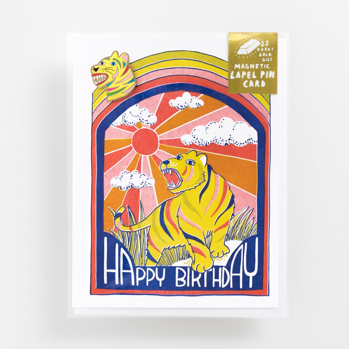 Happy Birthday Rainbow Tiger - Lapel Pin Card - Yellow Owl Workshop