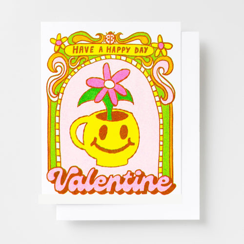Have a Happy Valentines Day Smiley Face Plant Risograph Card - Yellow Owl Workshop