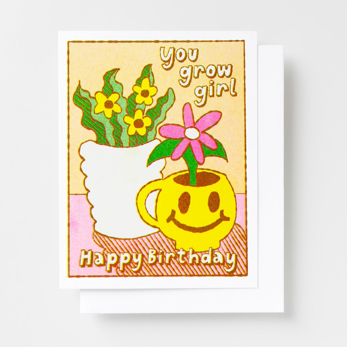 HBD You Grow Girl Smiley Face Plant Risograph Card - Yellow Owl Workshop