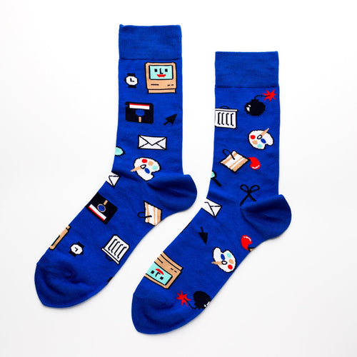 Royal blue crew socks featuring vintage Mac computer floppy disk cursor and retro tech icons by Yellow Owl Workshop