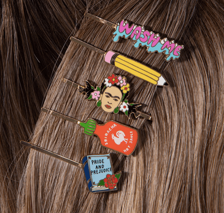 Wash Me gold cloisonné enamel hair pin worn in hair by Yellow Owl Workshop