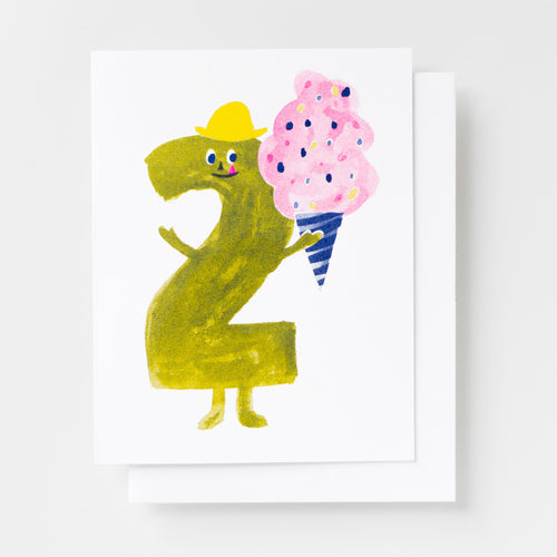 Risograph greeting card with an illustrated number two character wearing a yellow hat and holding a pink sprinkle ice cream cone on a white background